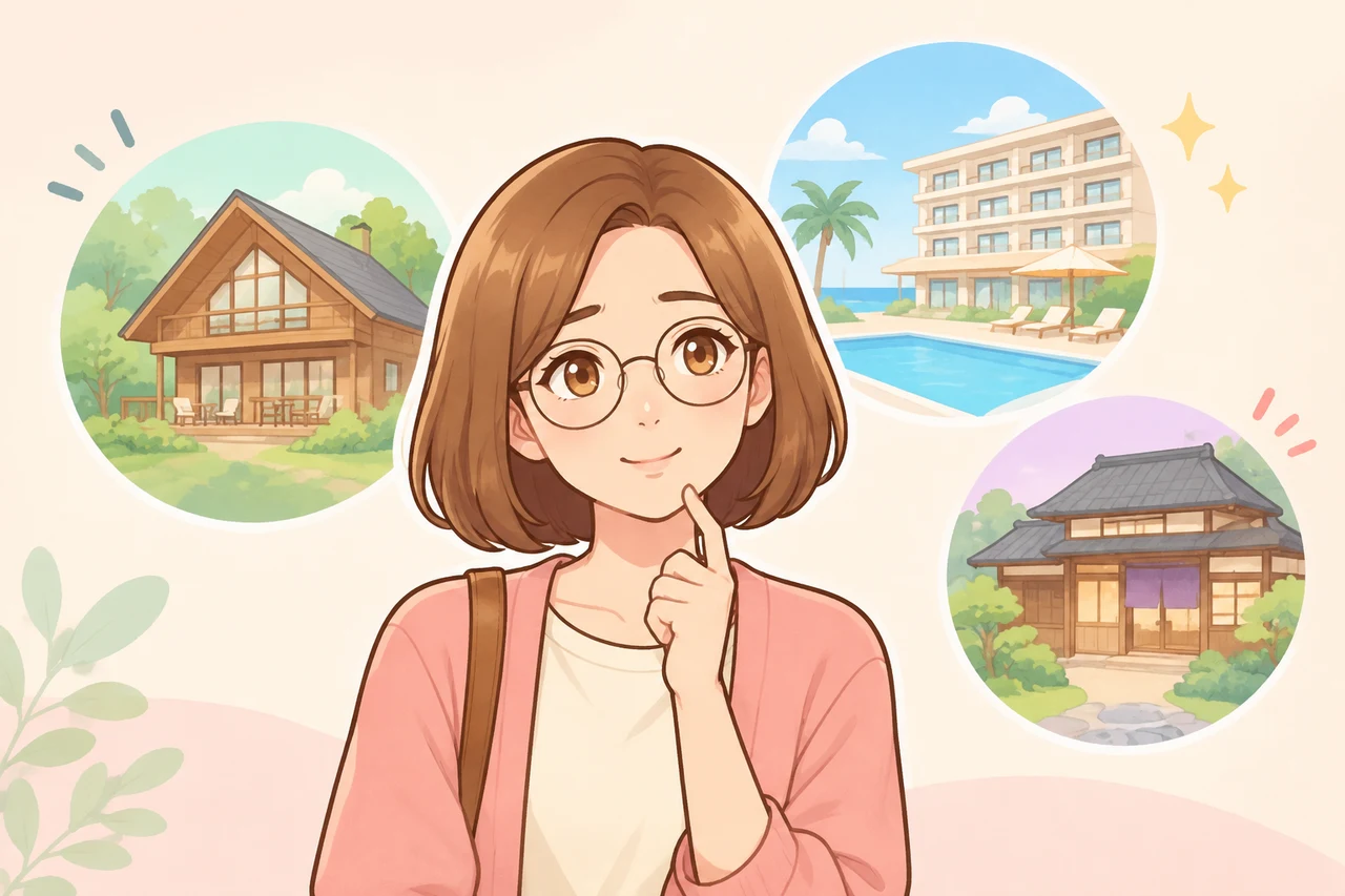 目的別に選ぶおすすめの宿泊棟のイメージ画像(記念日や特別な滞在・一人旅や巣ごもり・出張やビジネス利用)
