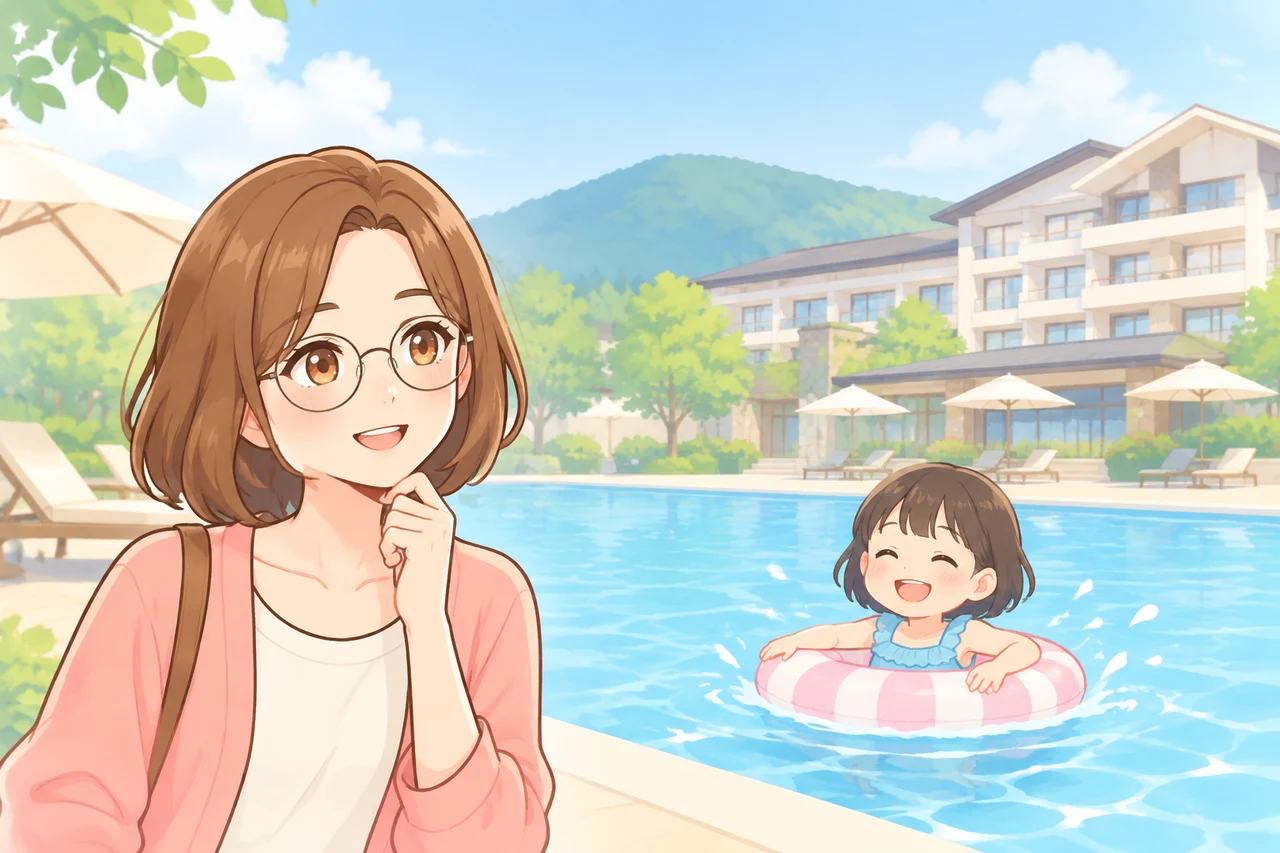 軽井沢で子連れホテルのプールを選ぶ3つのポイントのイメージ画像（おむつ入水の可否・室内温水プールか・ママが休める設備）