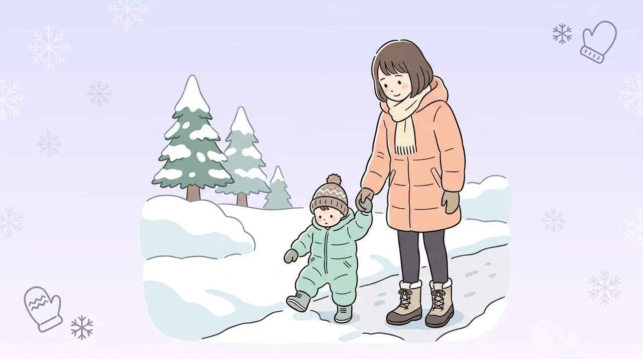 子連れで気をつけたい防寒と雪道対策のイメージ画像（服装と持ち物・ベビーカーと抱っこ紐・会場のトイレ事情）